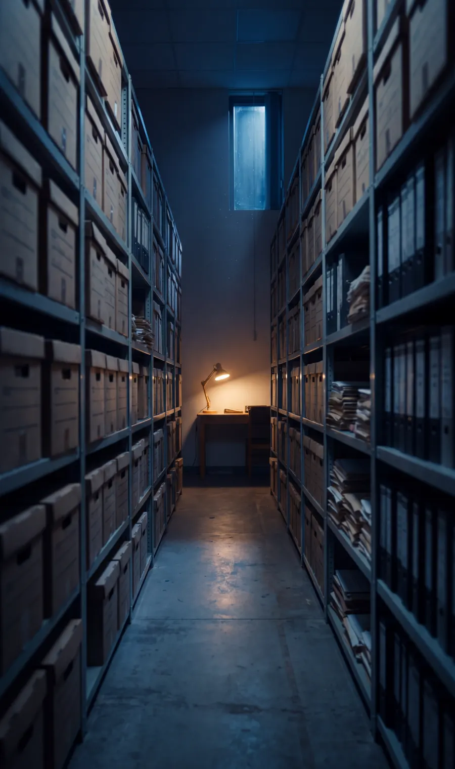 A long records-room aisle at blue hour, a lamp lit at its far end