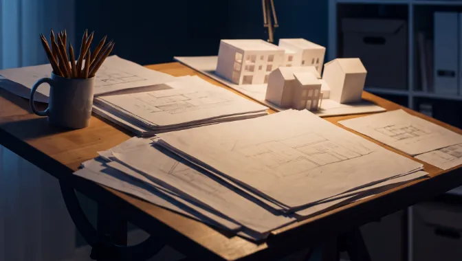 Pencil drawings and paper models on a drafting table