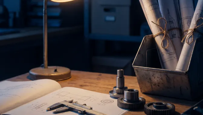 Rolled technical drawings and machine parts on a bench