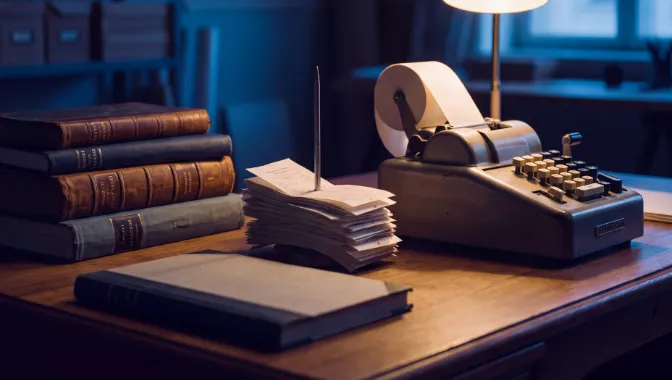 Ledgers and an adding machine on a desk