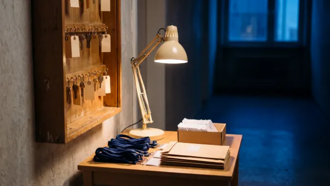 A key cabinet and new-joiner packs on a desk under a lamp
