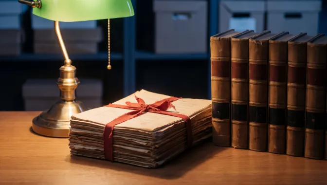 Contracts tied with ribbon beside bound law books