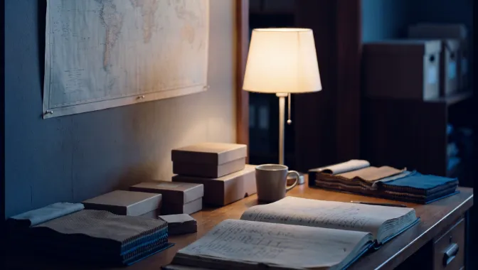 Order books and samples on a desk under a lamp