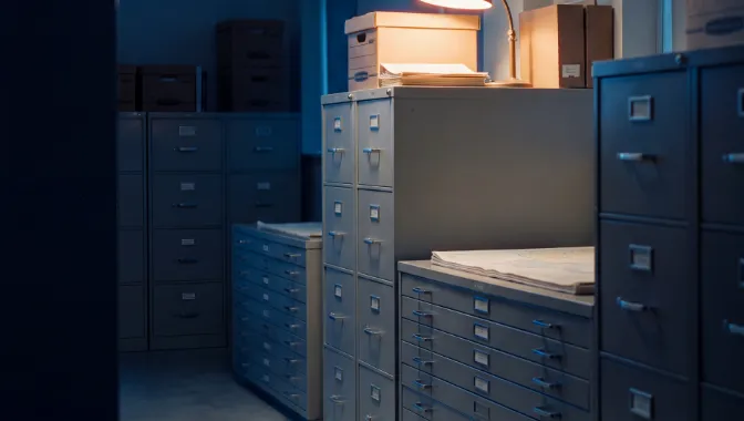 A records room of closed steel cabinets