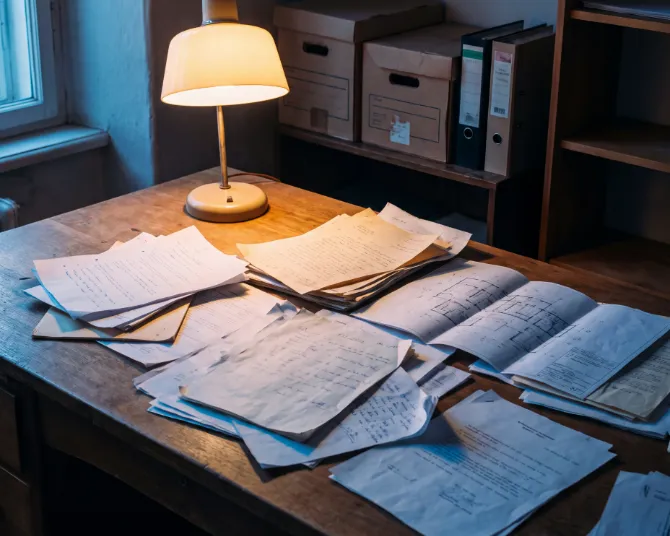 A desk covered in loose papers under a lamp