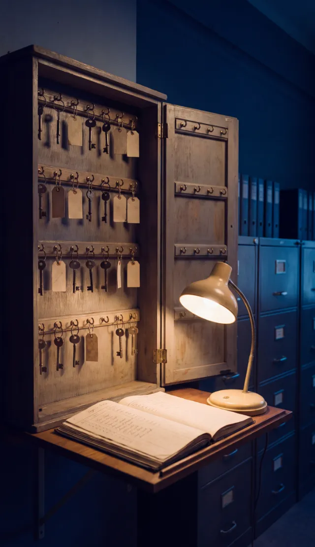 An open key cabinet and a sign-in ledger under a lamp