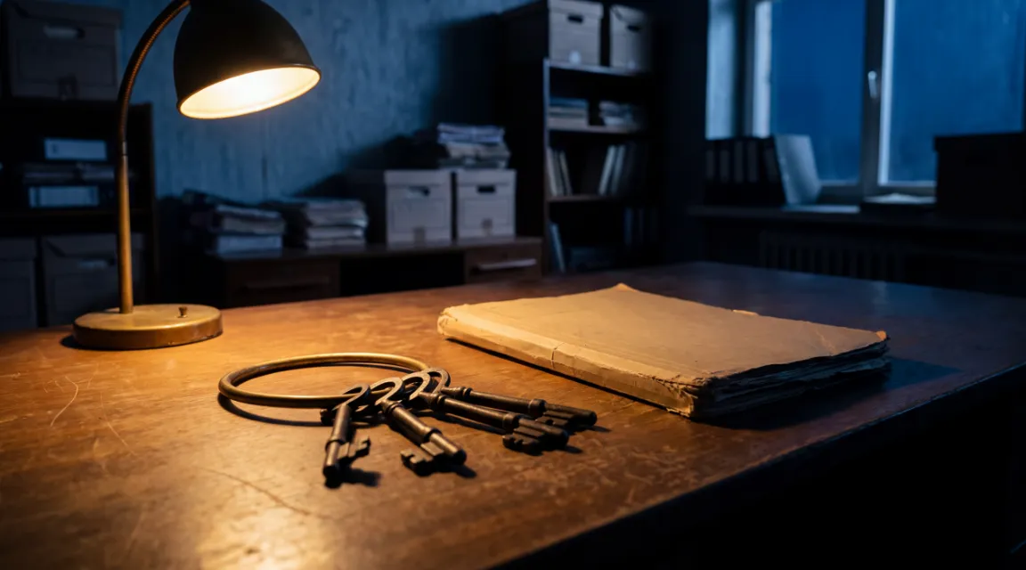 A ring of old keys beside a closed folder on a wooden table